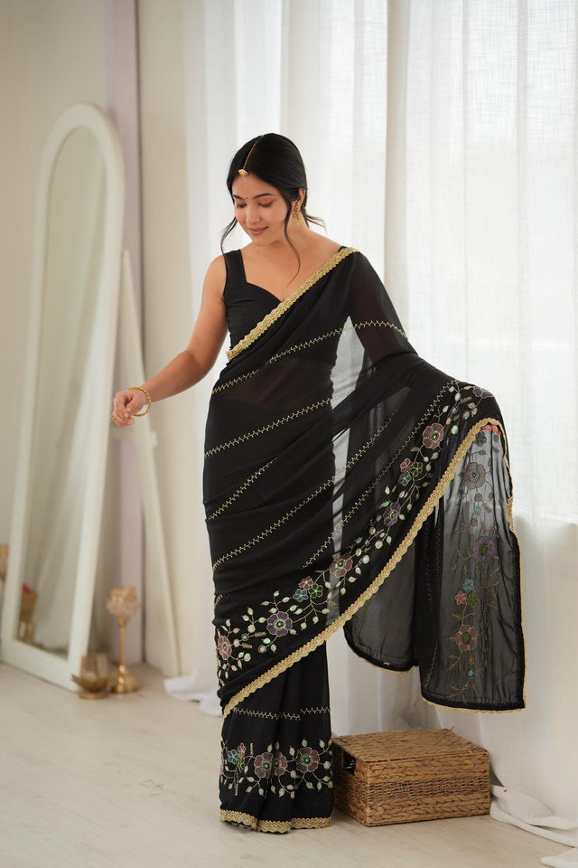 Black Floral Embroidered Georgette Saree (ACA9596)
