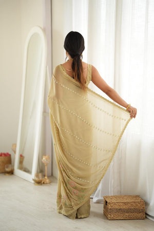 Beige Floral Embroidered Georgette Saree (ACA9597)