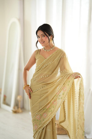 Beige Floral Embroidered Georgette Saree (ACA9597)
