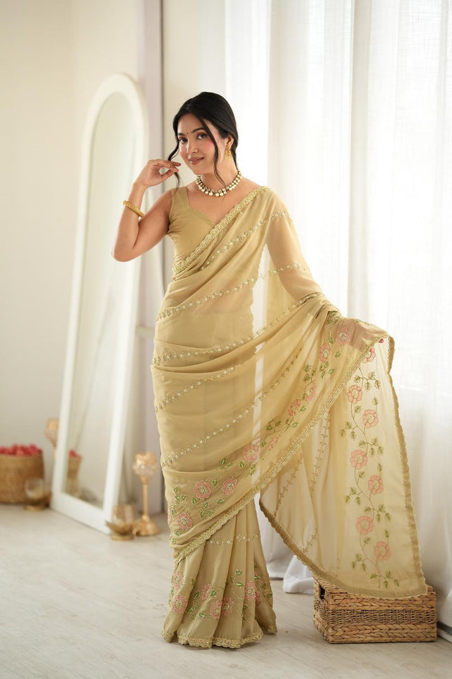 Beige Floral Embroidered Georgette Saree (ACA9597)