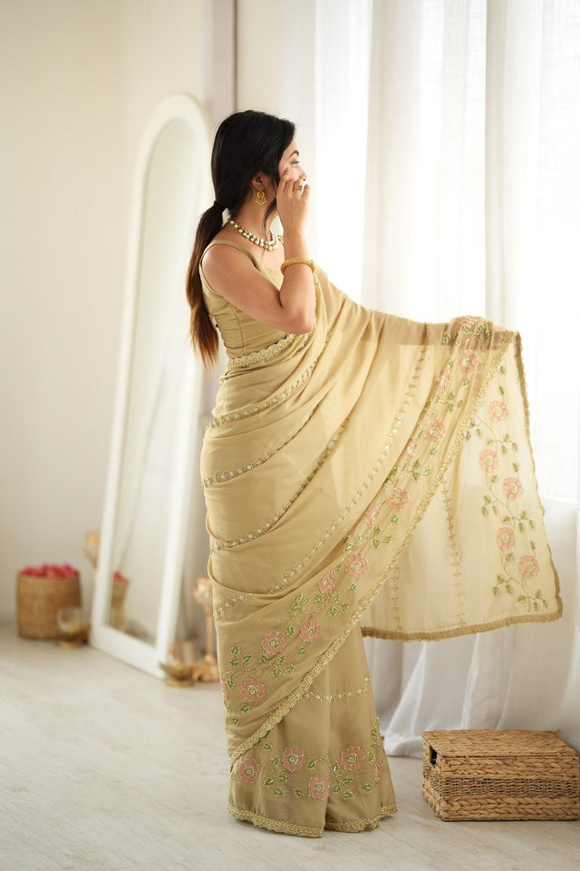 Beige Floral Embroidered Georgette Saree (ACA9597)