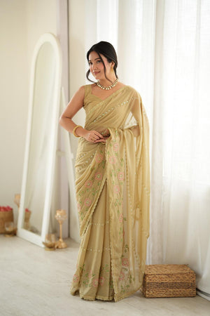 Beige Floral Embroidered Georgette Saree (ACA9597)