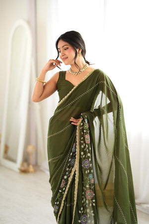 Mehendi Floral Embroidered Georgette Saree (ACA9598)