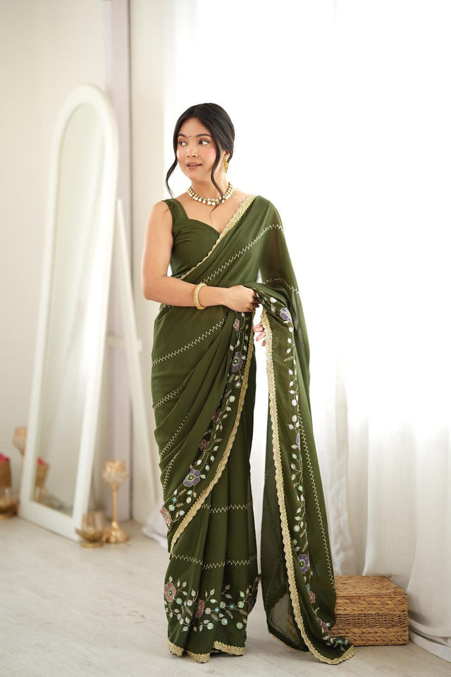 Mehendi Floral Embroidered Georgette Saree (ACA9598)