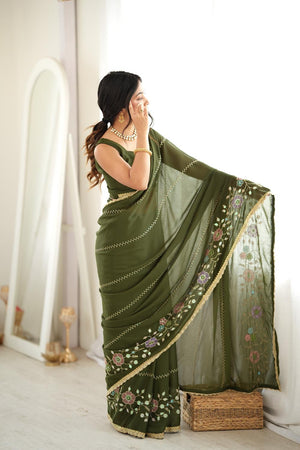 Mehendi Floral Embroidered Georgette Saree (ACA9598)