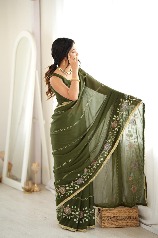 Mehendi Floral Embroidered Georgette Saree (ACA9598)