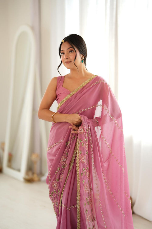 Pink Floral Embroidered Georgette Saree (ACA9599)