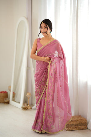Pink Floral Embroidered Georgette Saree (ACA9599)