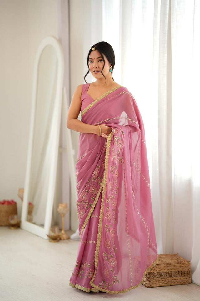 Pink Floral Embroidered Georgette Saree (ACA9599)