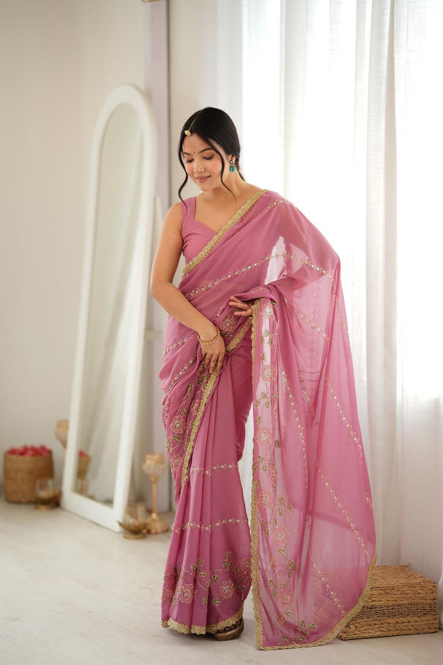 Pink Floral Embroidered Georgette Saree (ACA9599)