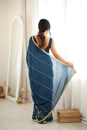 Turquoise Floral Embroidered Georgette Saree (ACA9600)
