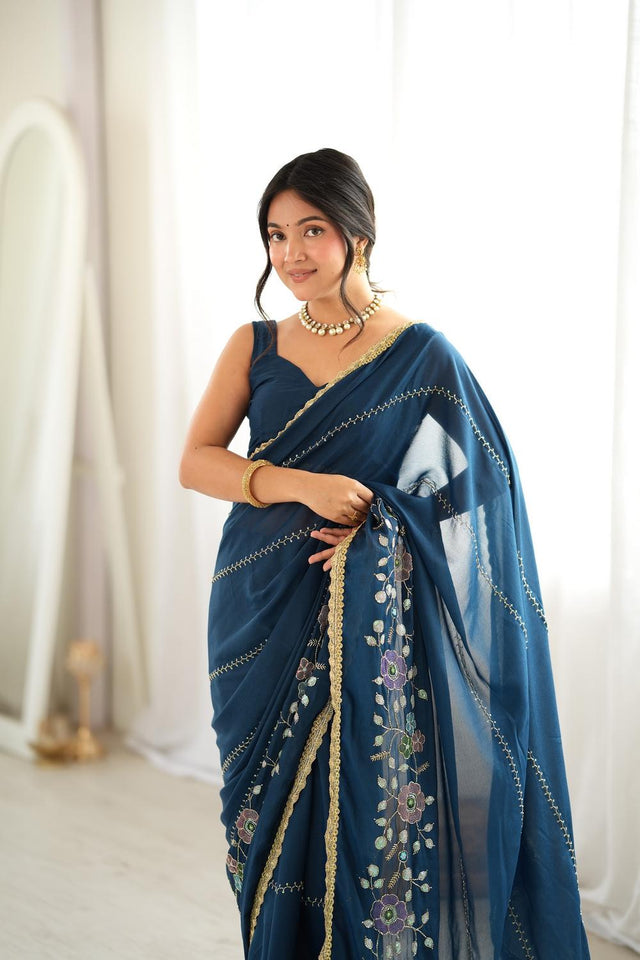 Turquoise Floral Embroidered Georgette Saree (ACA9600)
