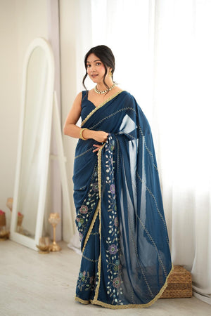 Turquoise Floral Embroidered Georgette Saree (ACA9600)