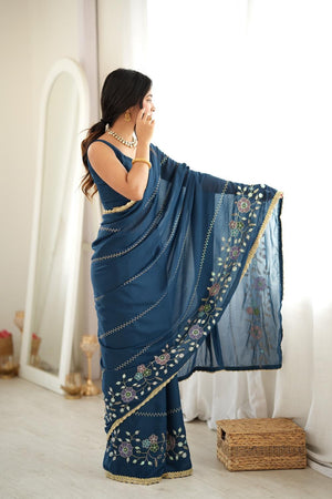 Turquoise Floral Embroidered Georgette Saree (ACA9600)