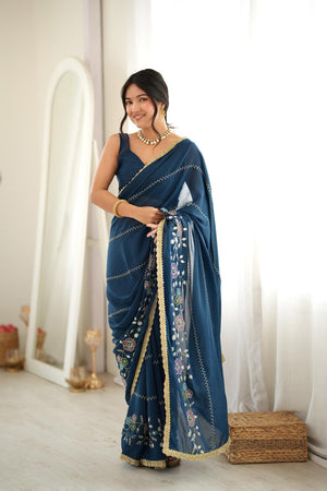 Turquoise Floral Embroidered Georgette Saree (ACA9600)