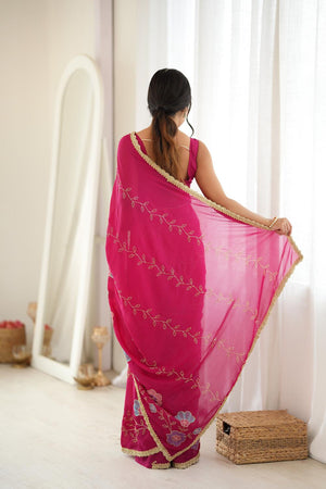 Pink Floral Embroidered Georgette Saree (ACA9601)