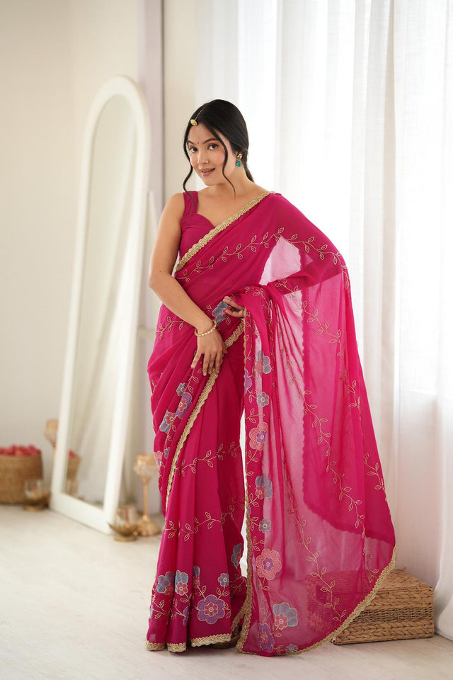 Pink Floral Embroidered Georgette Saree (ACA9601)