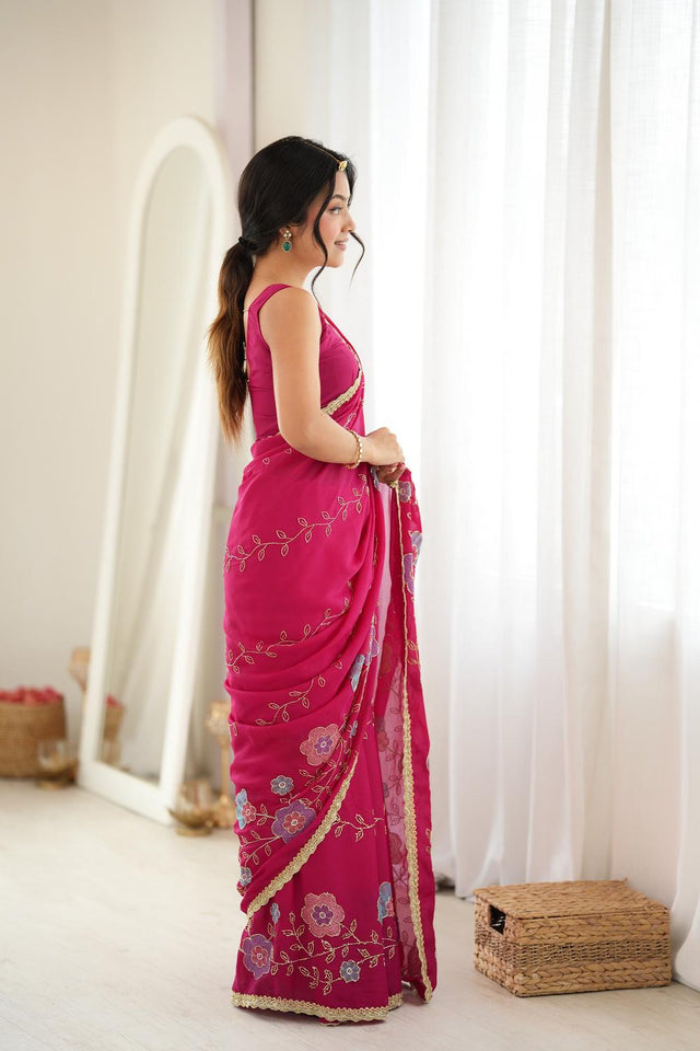 Pink Floral Embroidered Georgette Saree (ACA9601)
