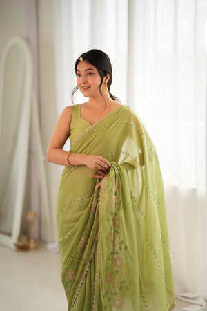 Green Floral Embroidered Georgette Saree (ACA9602)