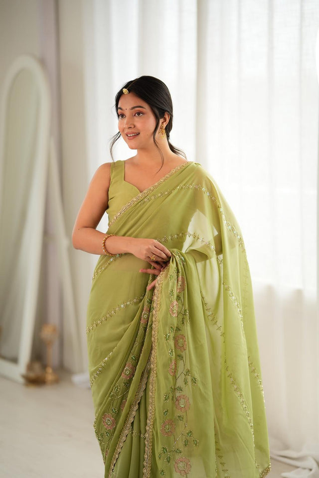 Green Floral Embroidered Georgette Saree (ACA9602)