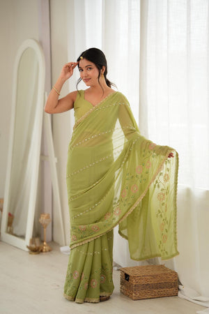 Green Floral Embroidered Georgette Saree (ACA9602)
