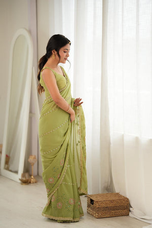 Green Floral Embroidered Georgette Saree (ACA9602)