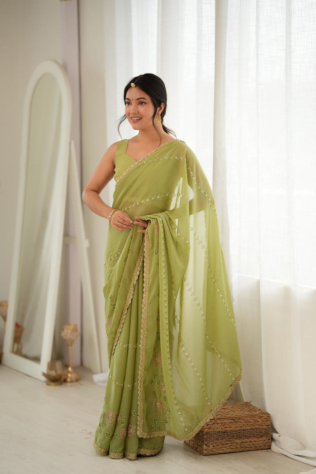 Green Floral Embroidered Georgette Saree (ACA9602)