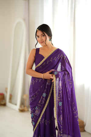 Purple Floral Embroidered Georgette Saree (ACA9603)
