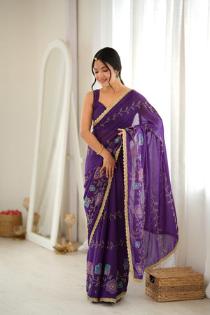 Purple Floral Embroidered Georgette Saree (ACA9603)