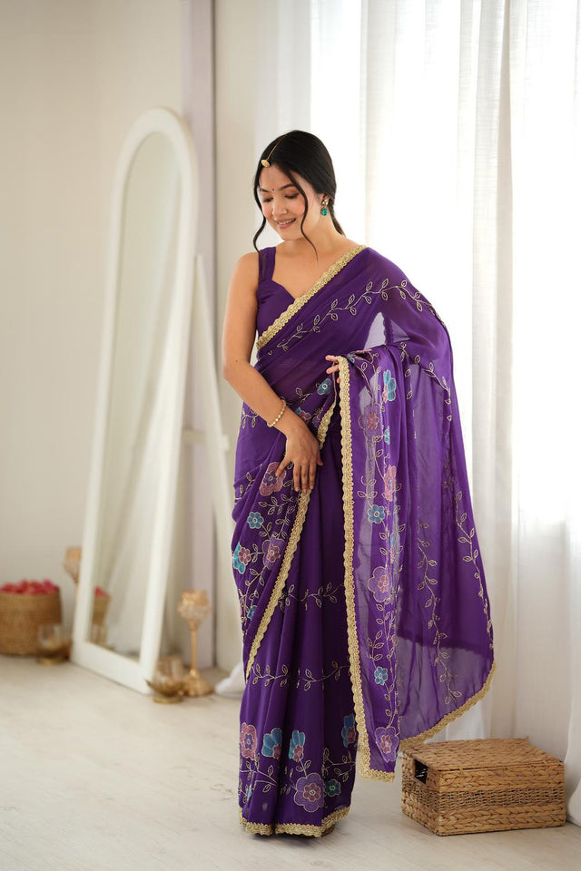 Purple Floral Embroidered Georgette Saree (ACA9603)