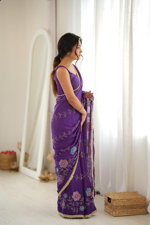 Purple Floral Embroidered Georgette Saree (ACA9603)