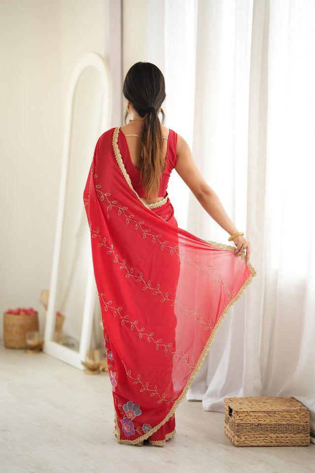 Red Floral Embroidered Georgette Saree (ACA9604)
