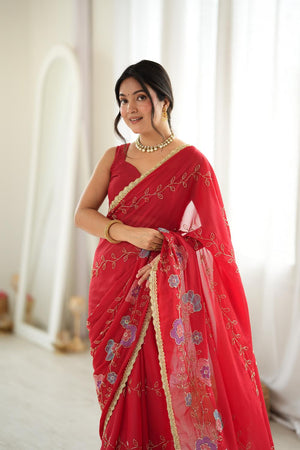 Red Floral Embroidered Georgette Saree (ACA9604)