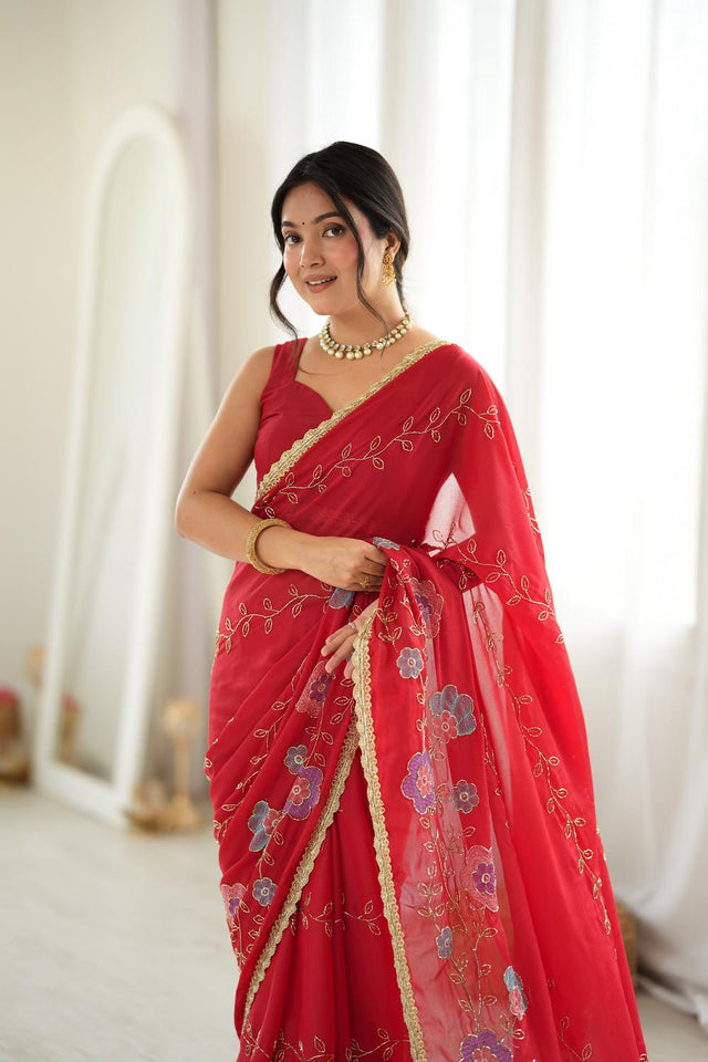 Red Floral Embroidered Georgette Saree (ACA9604)