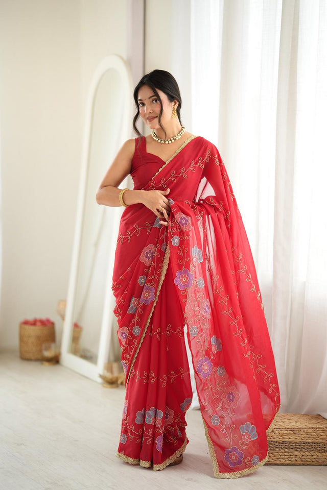 Red Floral Embroidered Georgette Saree (ACA9604)