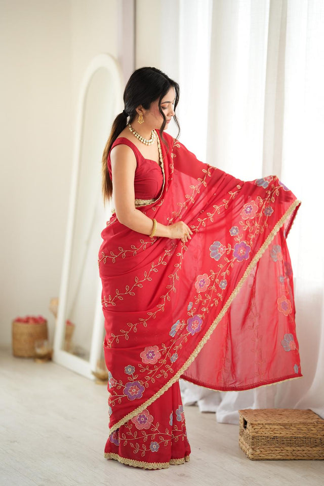 Red Floral Embroidered Georgette Saree (ACA9604)