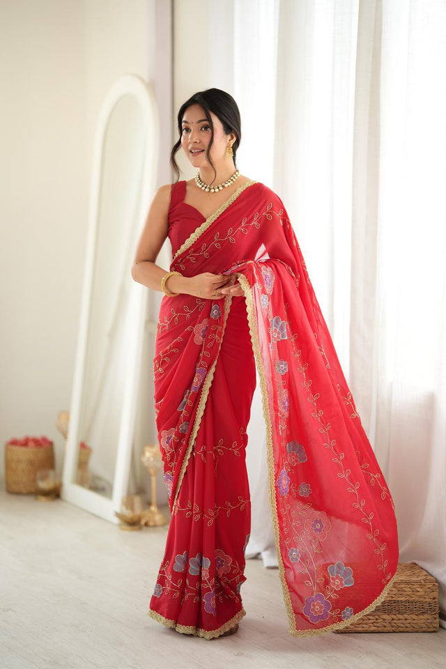 Red Floral Embroidered Georgette Saree (ACA9604)