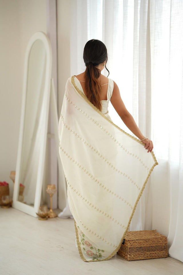 Off White Floral Embroidered Georgette Saree (ACA9605)