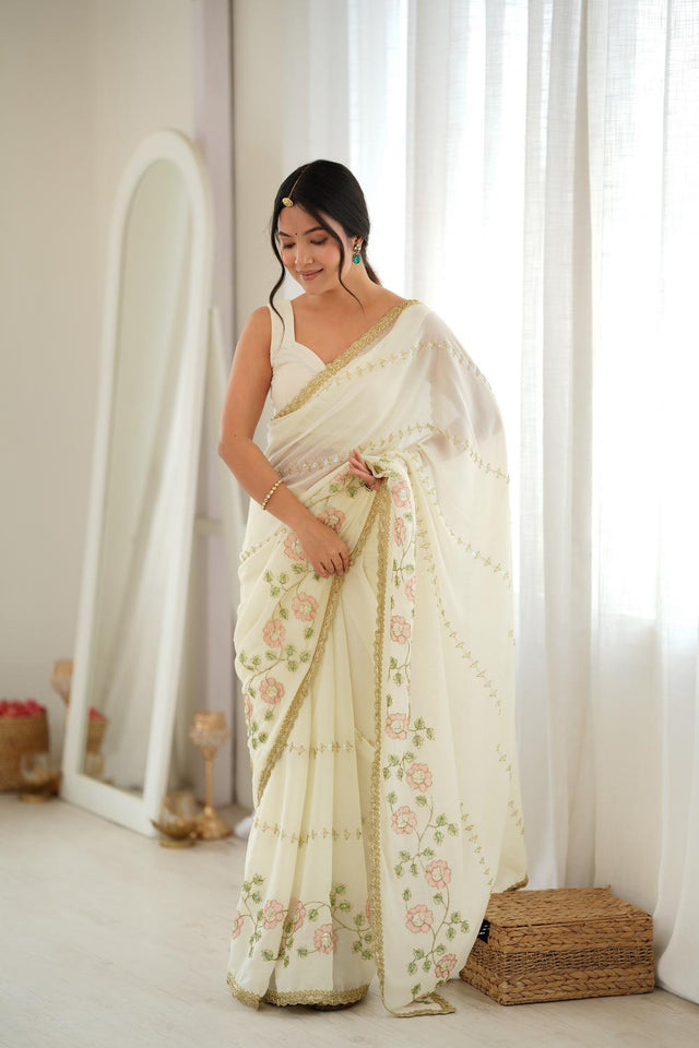 Off White Floral Embroidered Georgette Saree (ACA9605)