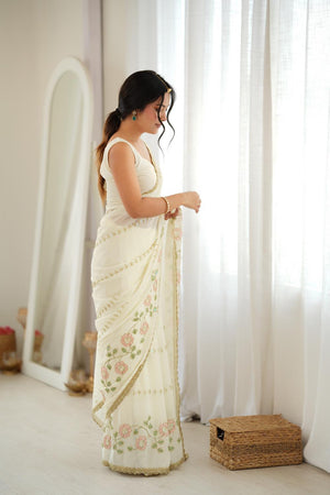 Off White Floral Embroidered Georgette Saree (ACA9605)