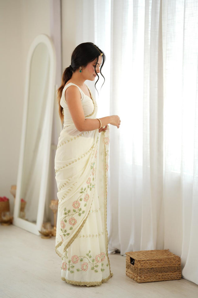 Off White Floral Embroidered Georgette Saree (ACA9605)
