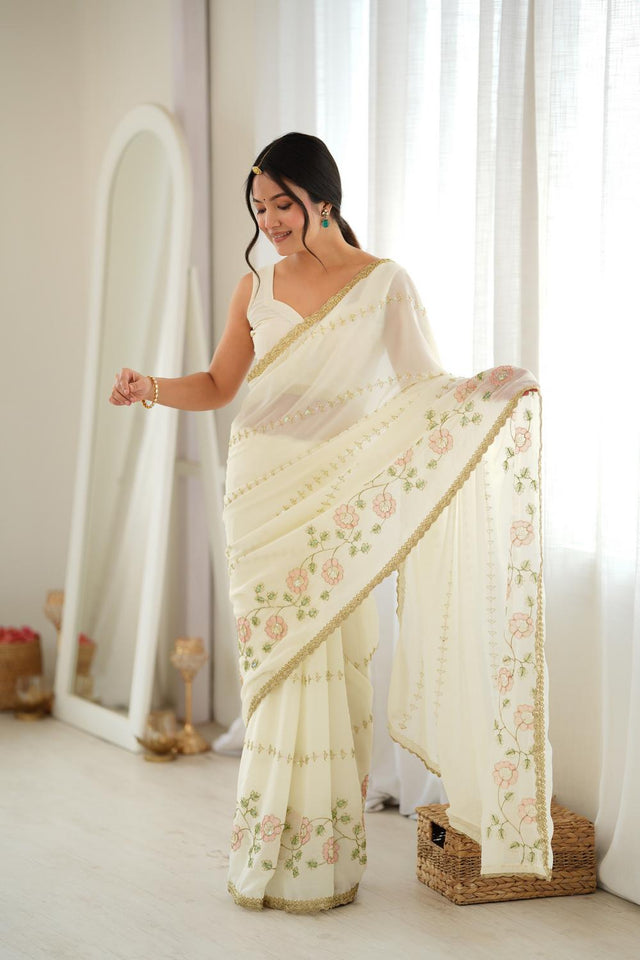 Off White Floral Embroidered Georgette Saree (ACA9605)