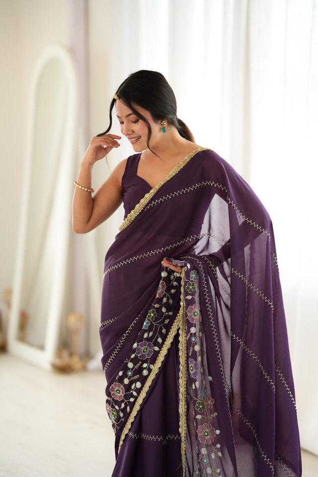 Wine Floral Embroidered Georgette Saree (ACA9606)