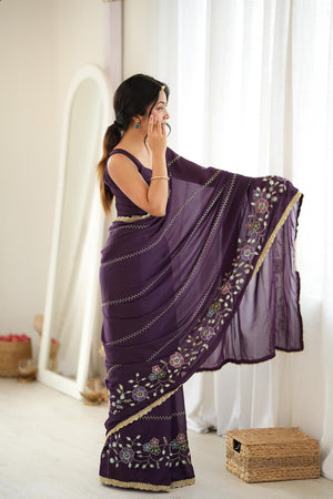 Wine Floral Embroidered Georgette Saree (ACA9606)