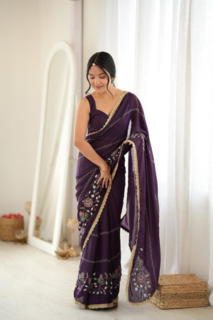 Wine Floral Embroidered Georgette Saree (ACA9606)