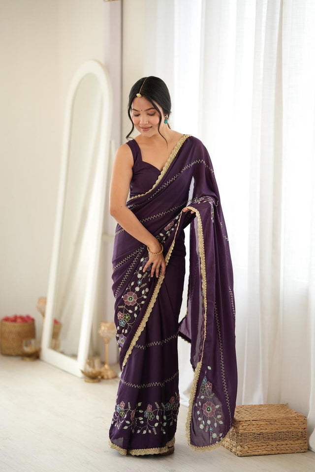 Wine Floral Embroidered Georgette Saree (ACA9606)