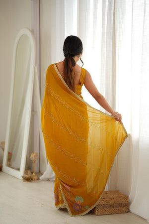 Yellow Floral Embroidered Georgette Saree (ACA9607)