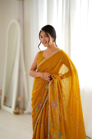 Yellow Floral Embroidered Georgette Saree (ACA9607)