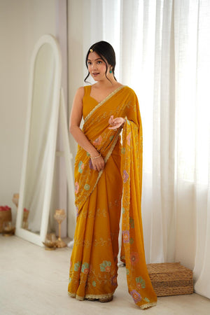 Yellow Floral Embroidered Georgette Saree (ACA9607)