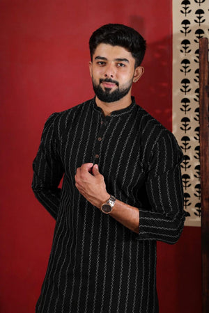 Mens Black Woven Cotton Kurta Set (ACA9608)